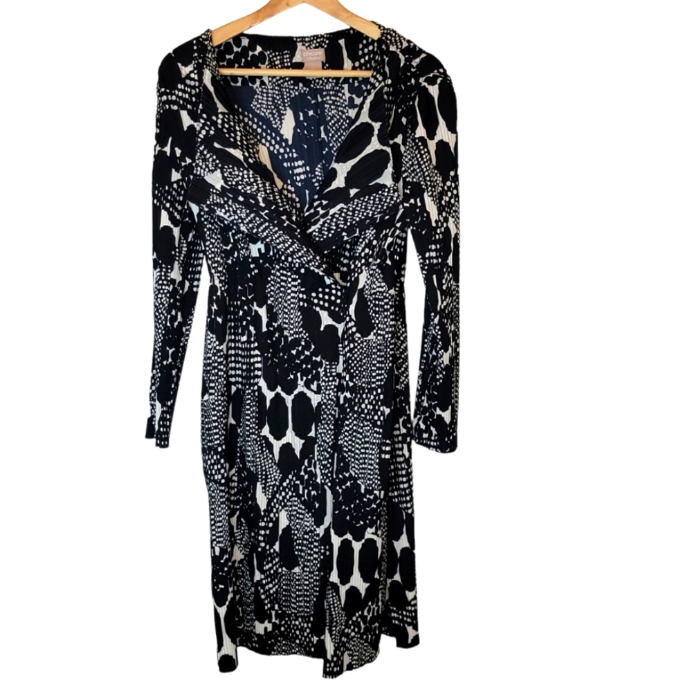 Chico''s Traveler's Black & White Pleated Wrap Dress Size 0 US 4/6